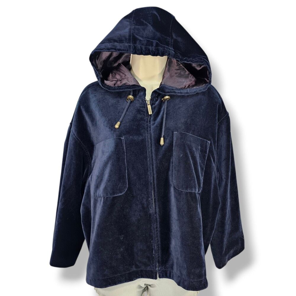 Emanuel Ungaro Liberte Navy Blue Velvet Hooded Jacket Size L Cropped Zip Front